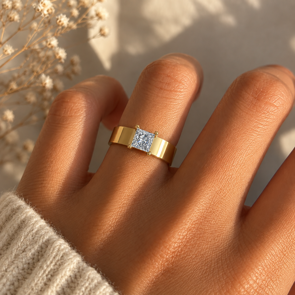 Princess-Cut Solitaire Wide Band - worn view 1