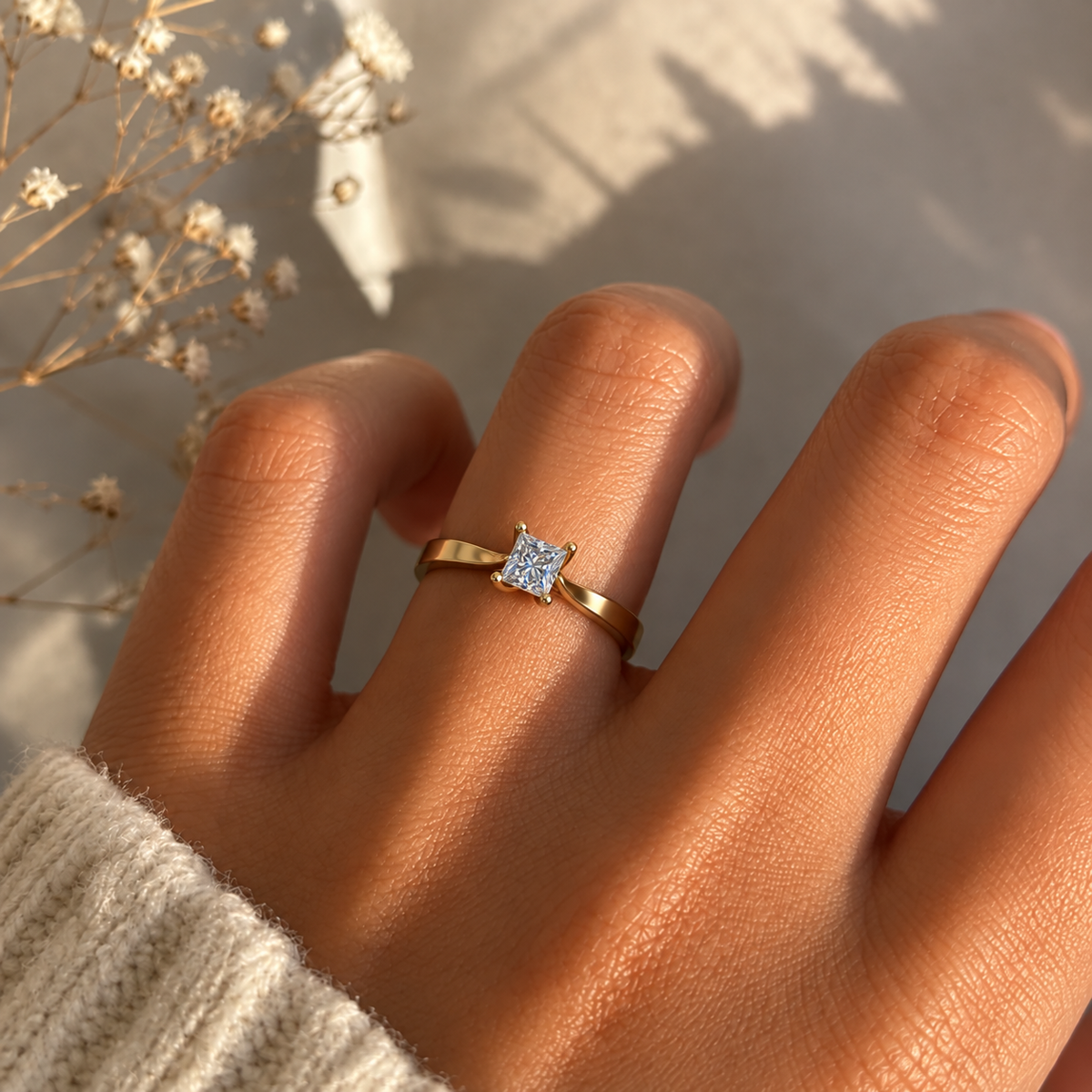 Crown-Set Princess Solitaire Ring - worn view 1