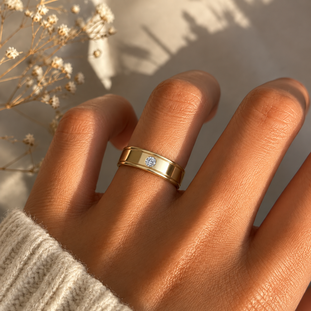 Single Diamond Triple-Rail Band - worn view 1