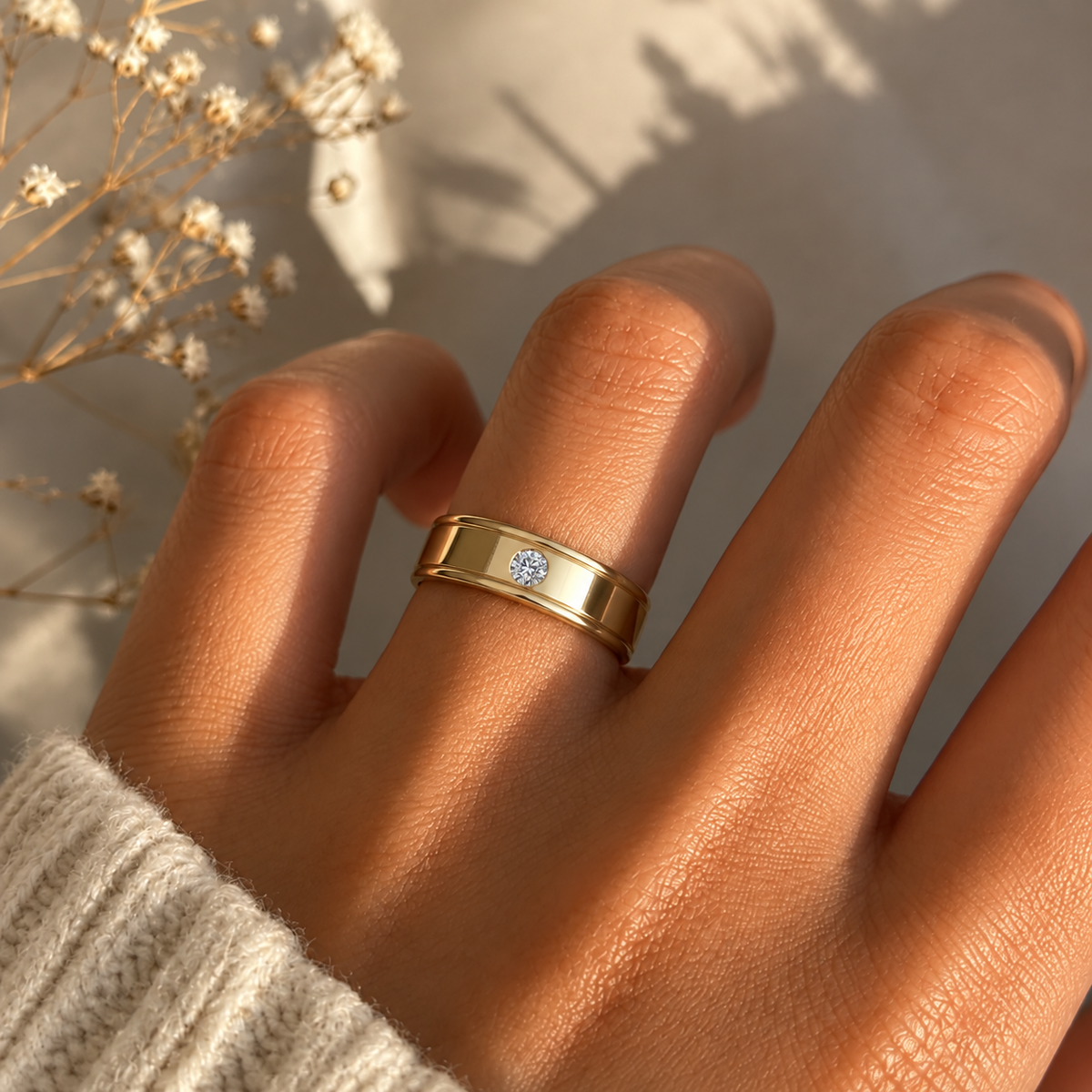 Single Diamond Triple-Rail Band - worn view 1