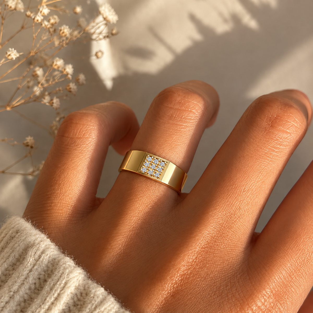 Wide Rectangular Pave Diamond Band - worn view 1
