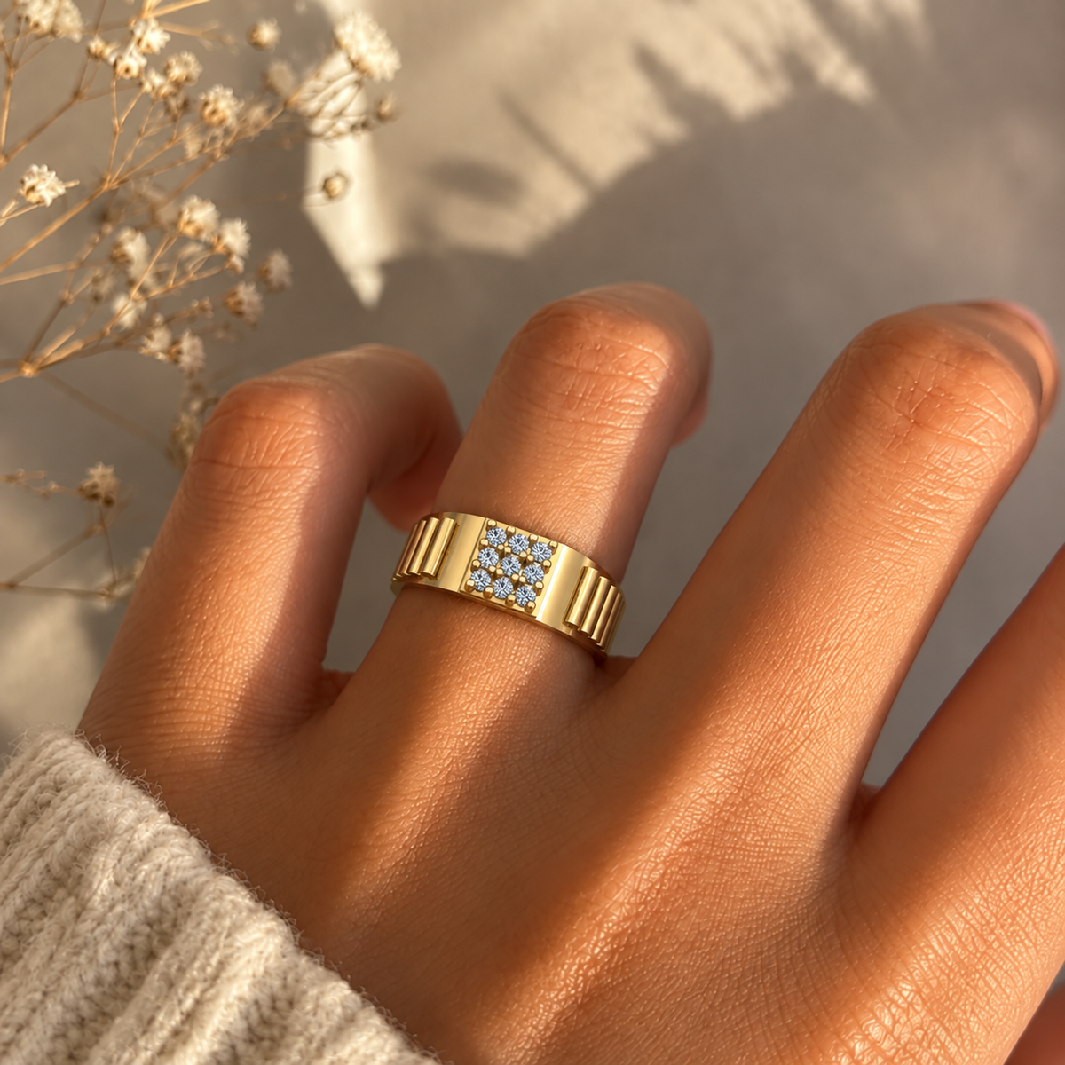 Ribbed Square Cluster Diamond Band - worn view 1