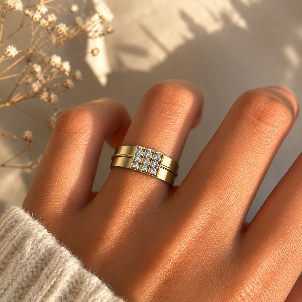 Triple-Rail Nine-Stone Diamond Band - worn view 1