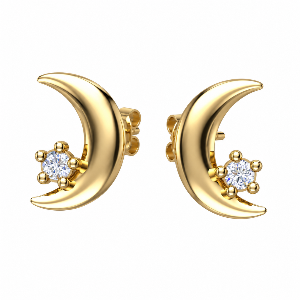 Gold Crescent Moon Solitaire Diamond Studs