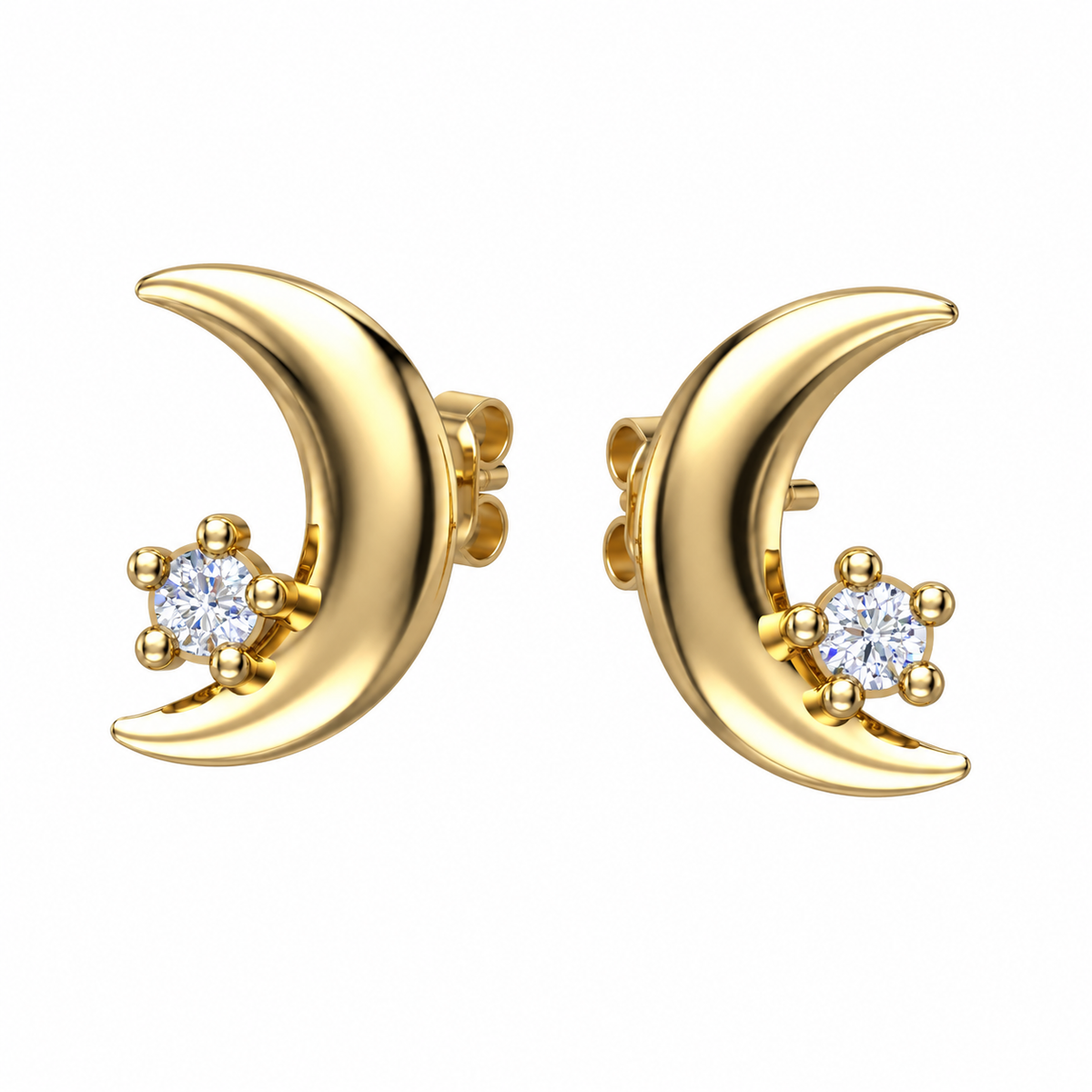 Gold Crescent Moon Solitaire Diamond Studs