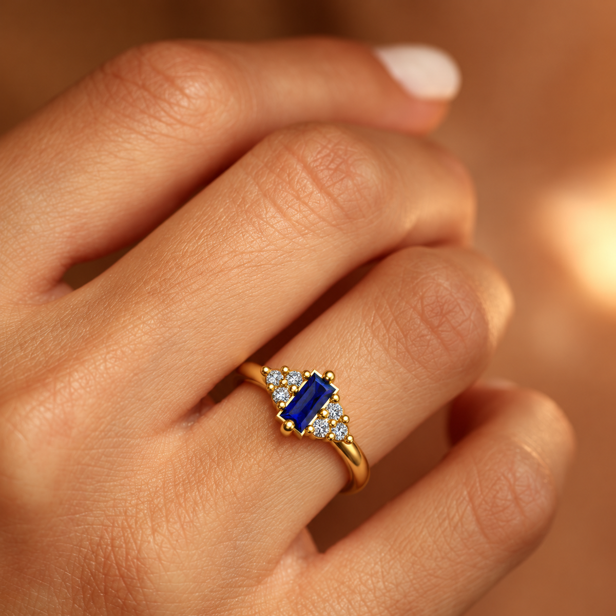 Midnight Blue Baguette Stone Ring - worn view 2