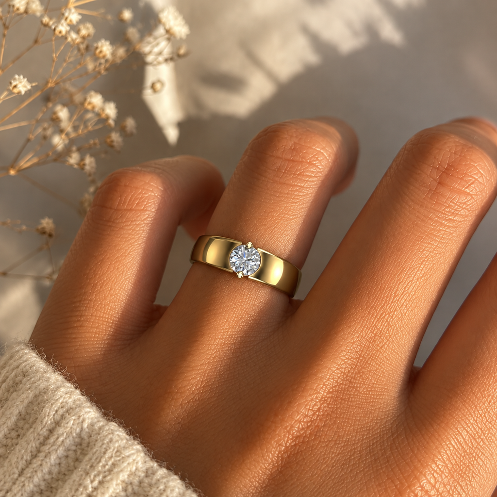 Round Solitaire Wide Gold Band - worn view 1