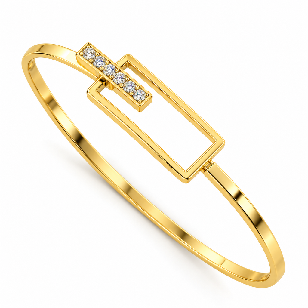Offset Rectangle Diamond Gold Bangle - angled product view