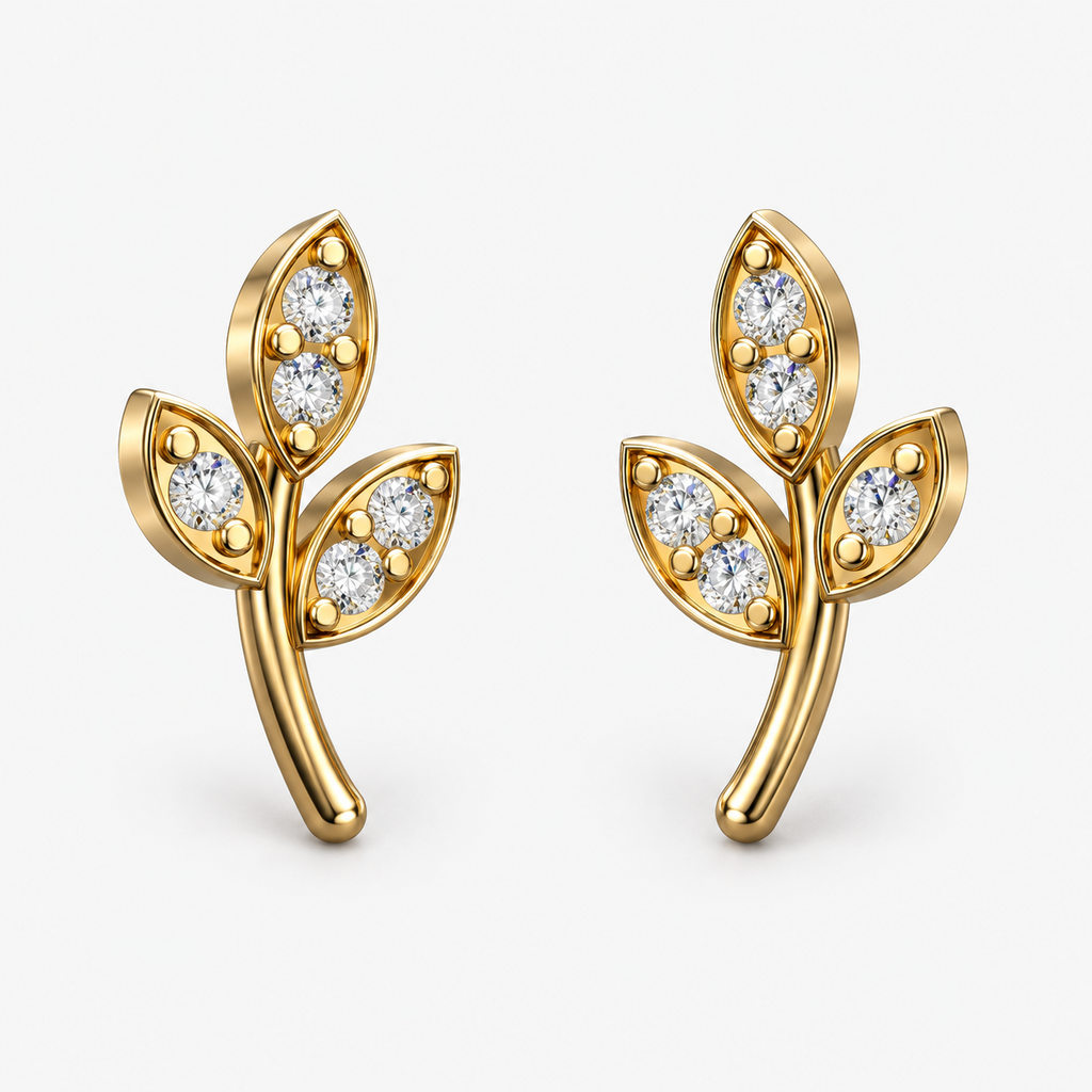Diamond Leaf Sprig Stud Earrings