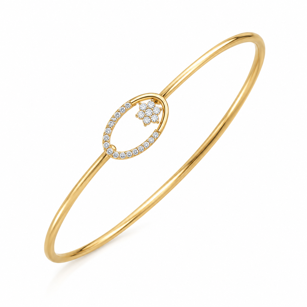 Floral Oval Diamond Gold Bangle - angled product view
