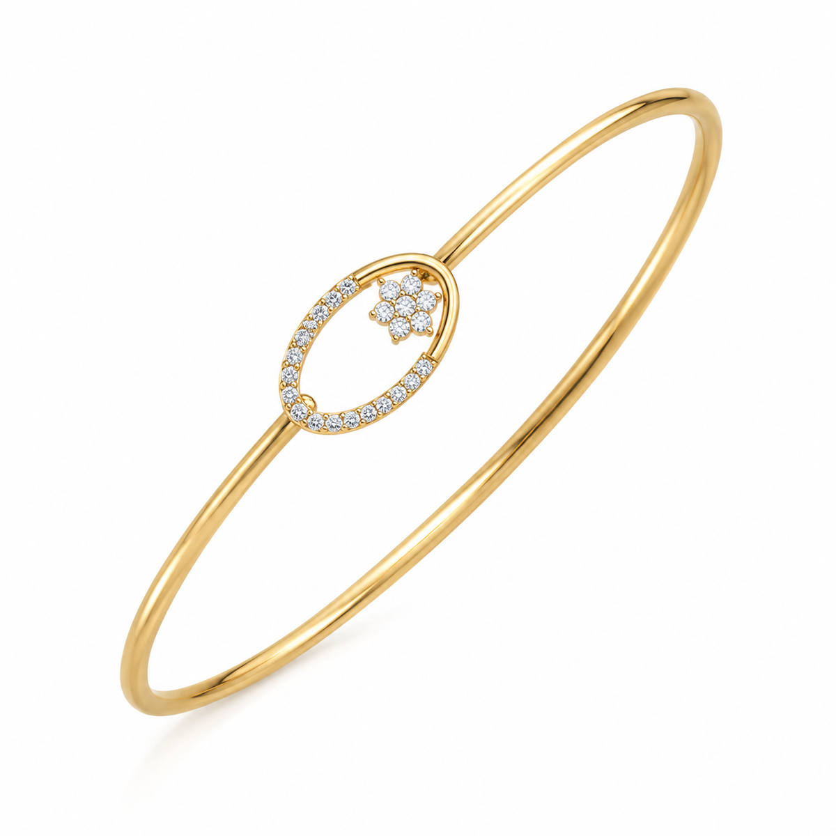 Floral Oval Diamond Gold Bangle - angled product view