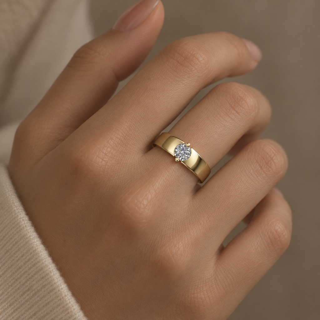 Round Solitaire Wide Gold Band - worn view 2