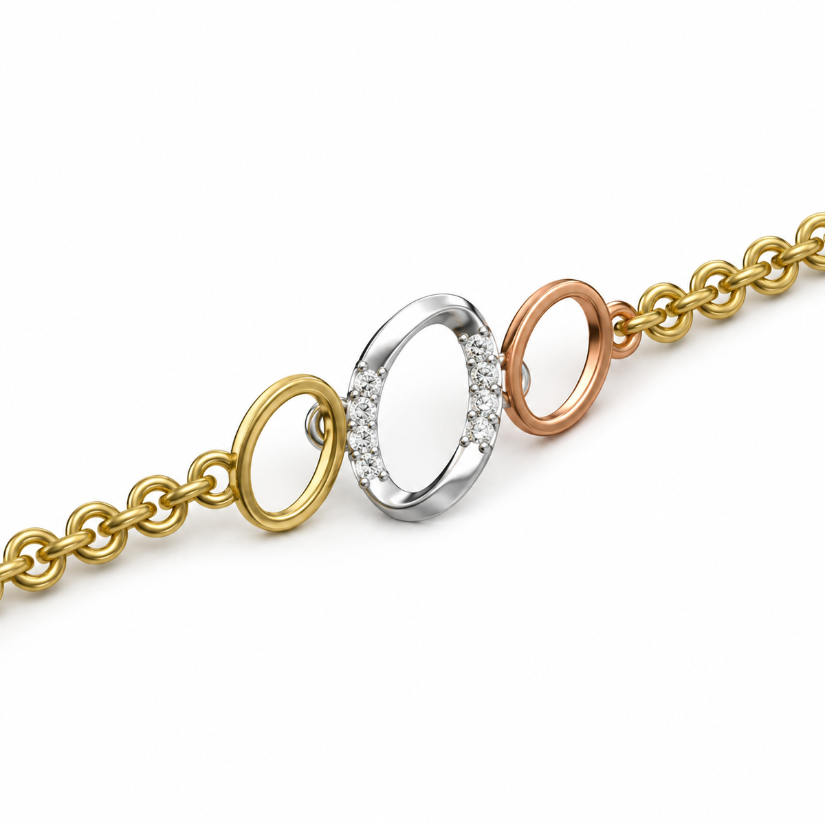 Tri-Tone Oval Link Diamond Bracelet - angled product view