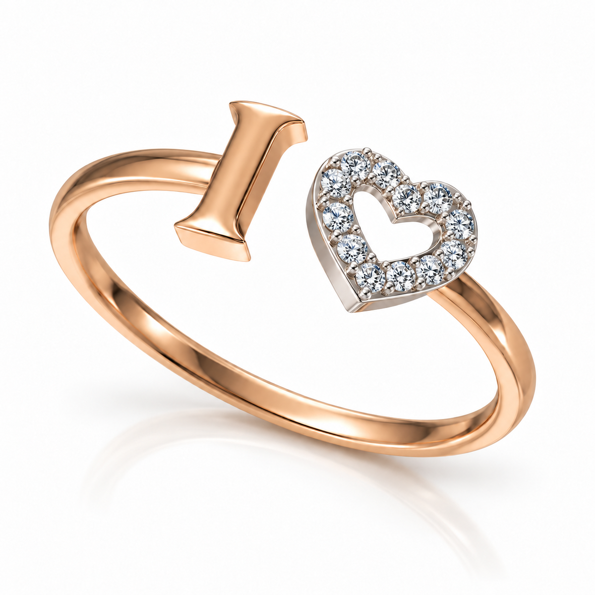 I Love Heart Diamond Rose Gold Ring - angled product view