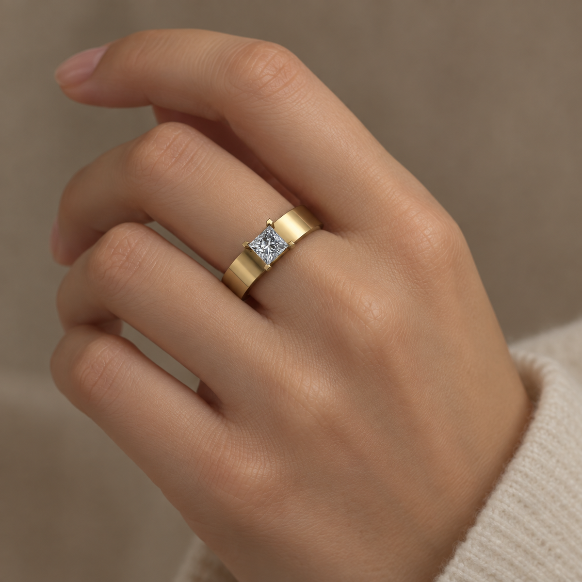 Princess-Cut Solitaire Wide Band - worn view 2