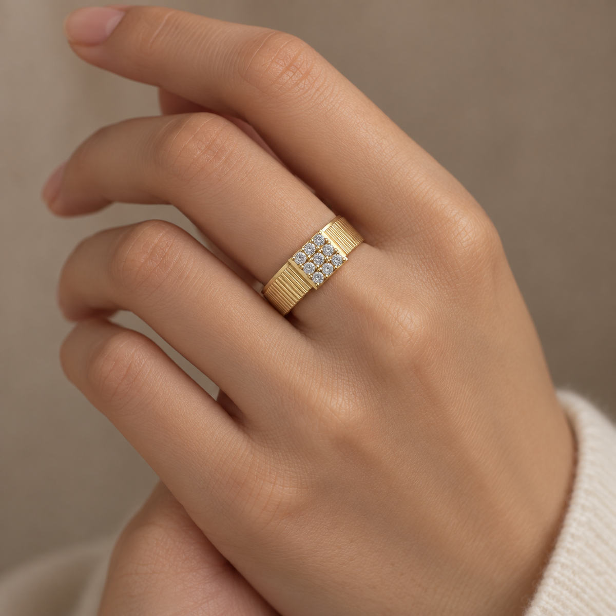 Ribbed Nine-Stone Diamond Signet Ring - worn view 2