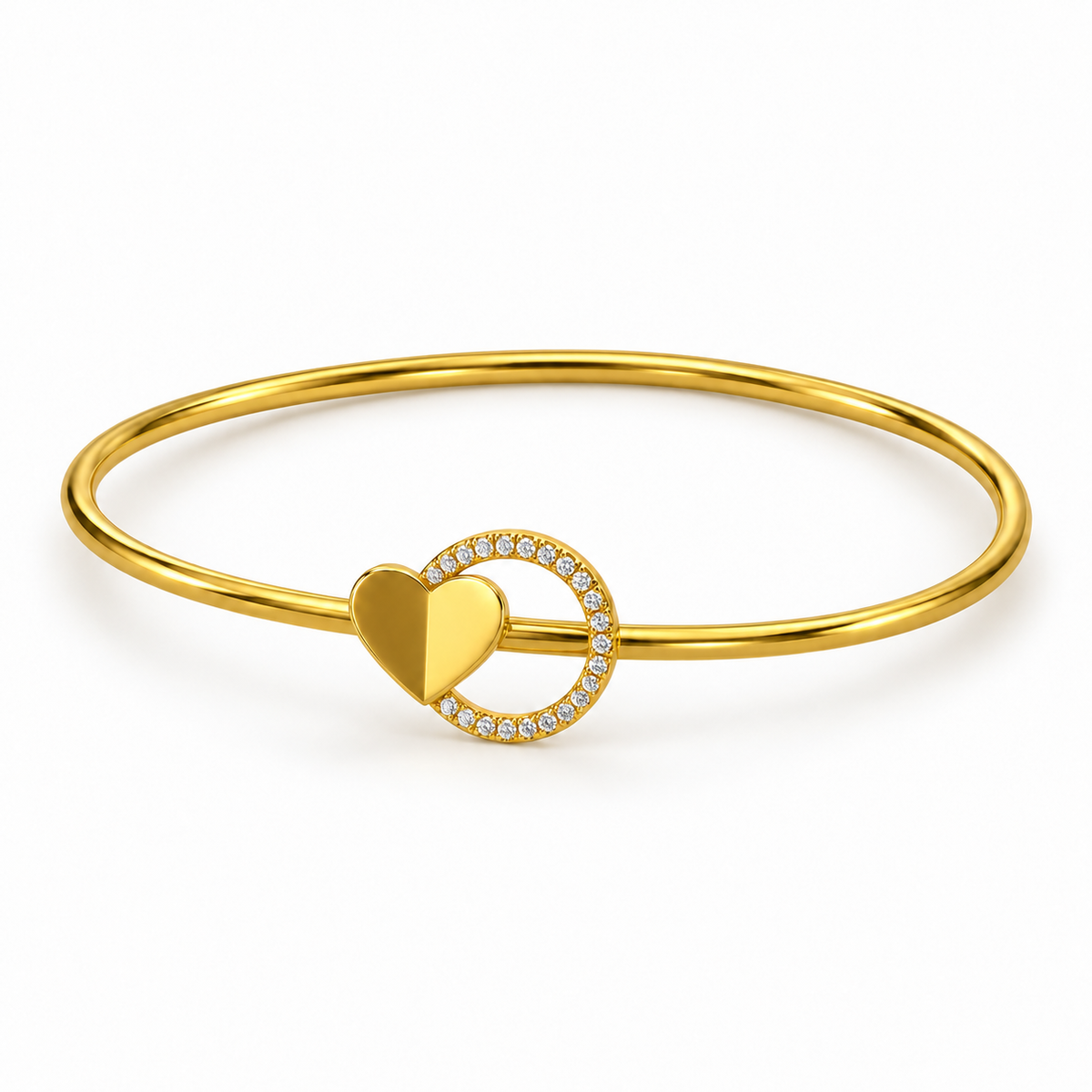 Heart Orbit Diamond Gold Bangle - angled product view