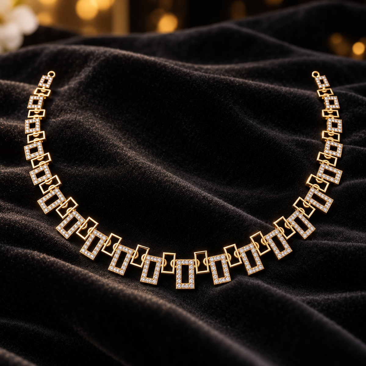 Graduated Square Link Diamond Necklace - angled product view