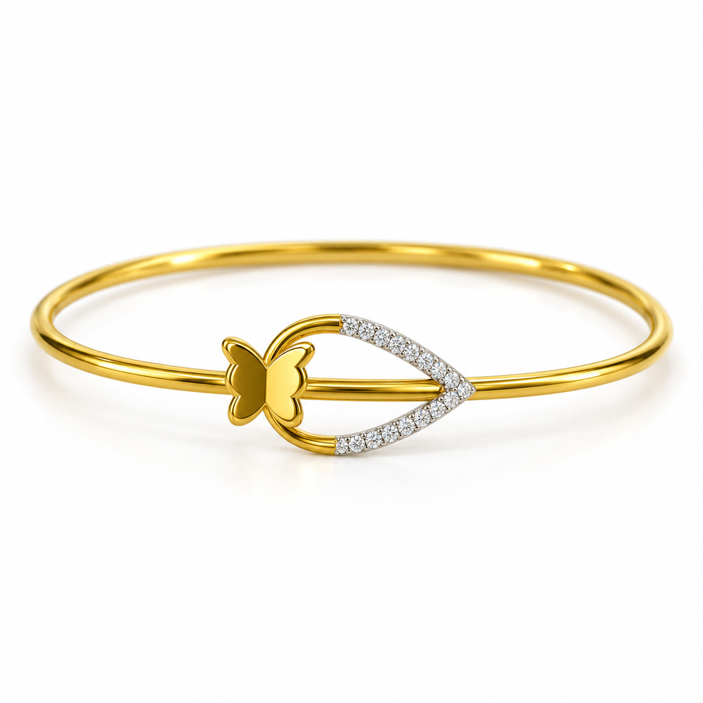 Butterfly Teardrop Diamond Gold Bangle - angled product view