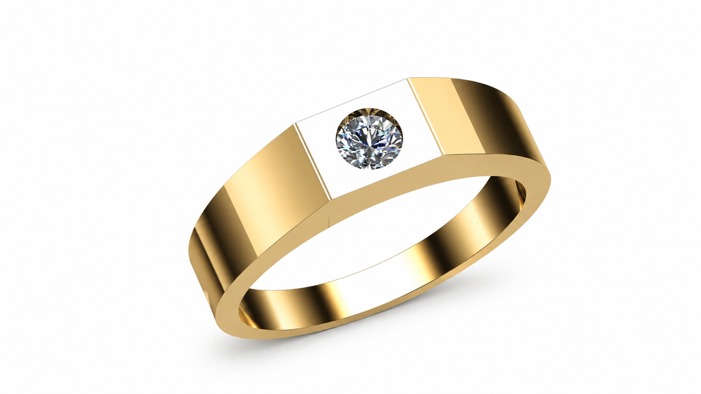 Angled perspective view of two-tone bezel solitaire band ring