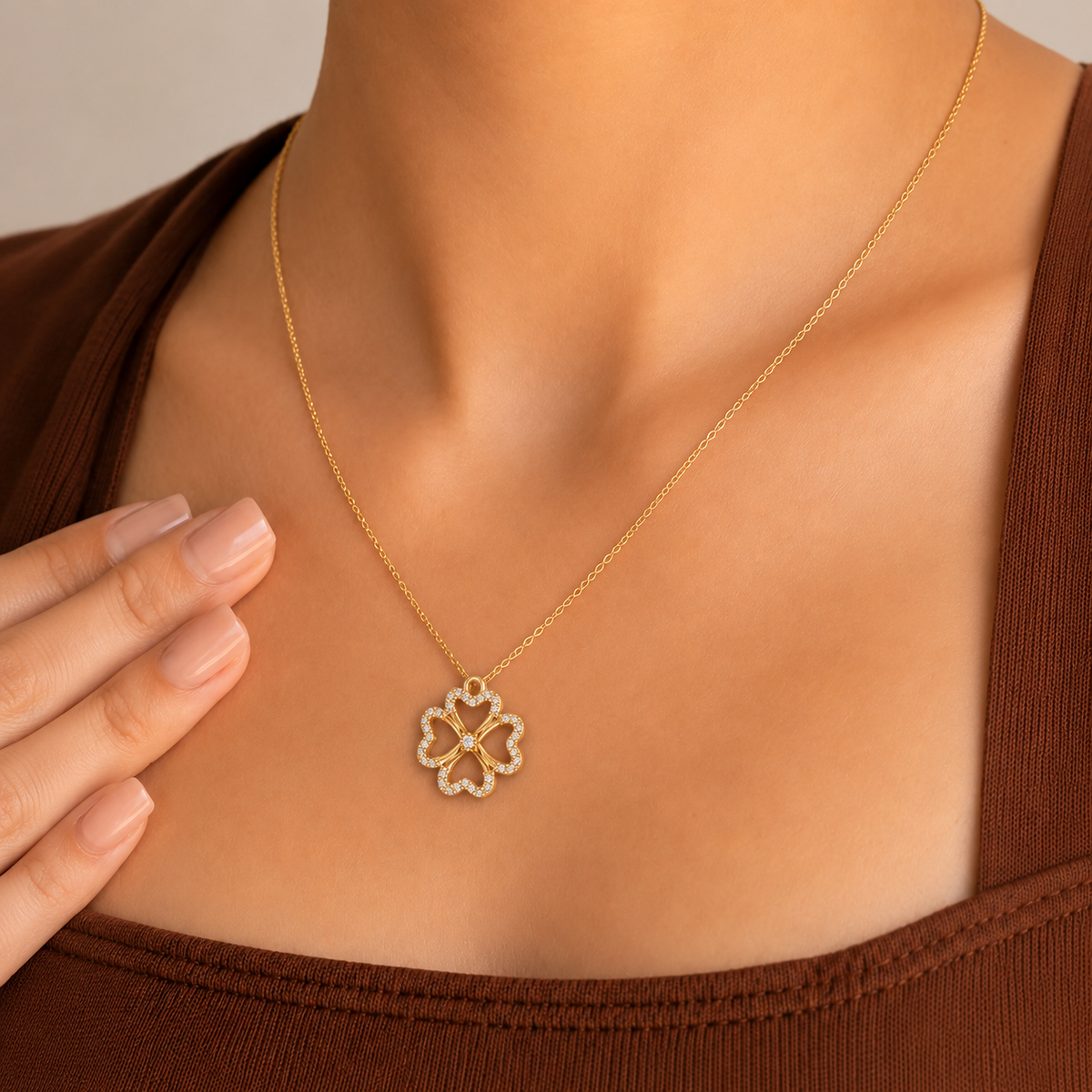 Four-Leaf Heart Clover Diamond Pendant - Angle 2