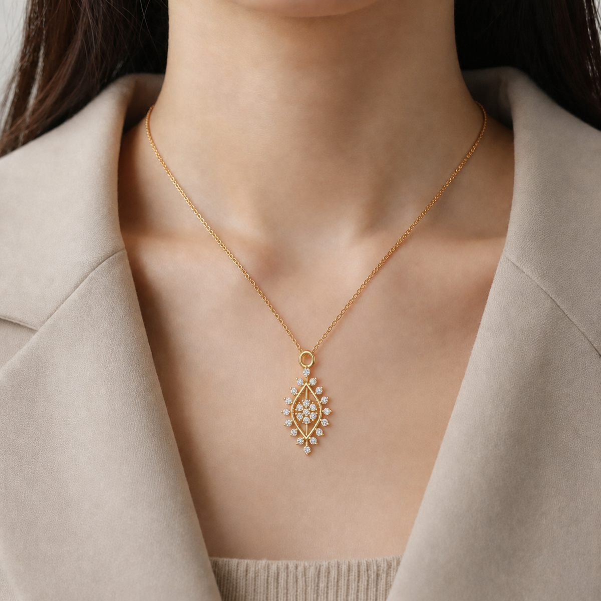 Marquise Sunburst Diamond Medallion Pendant - Angle 2