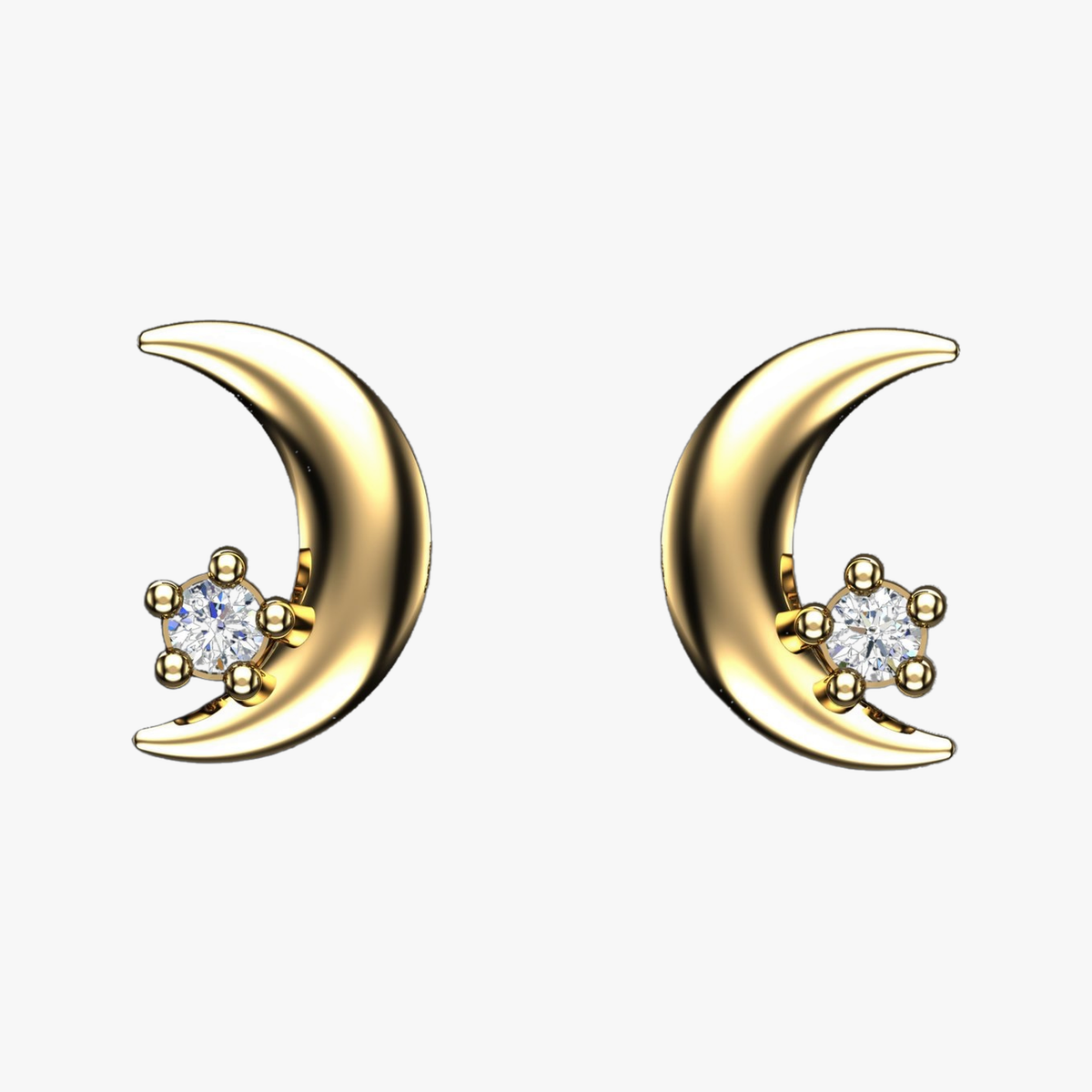 Gold Crescent Moon Solitaire Diamond Studs