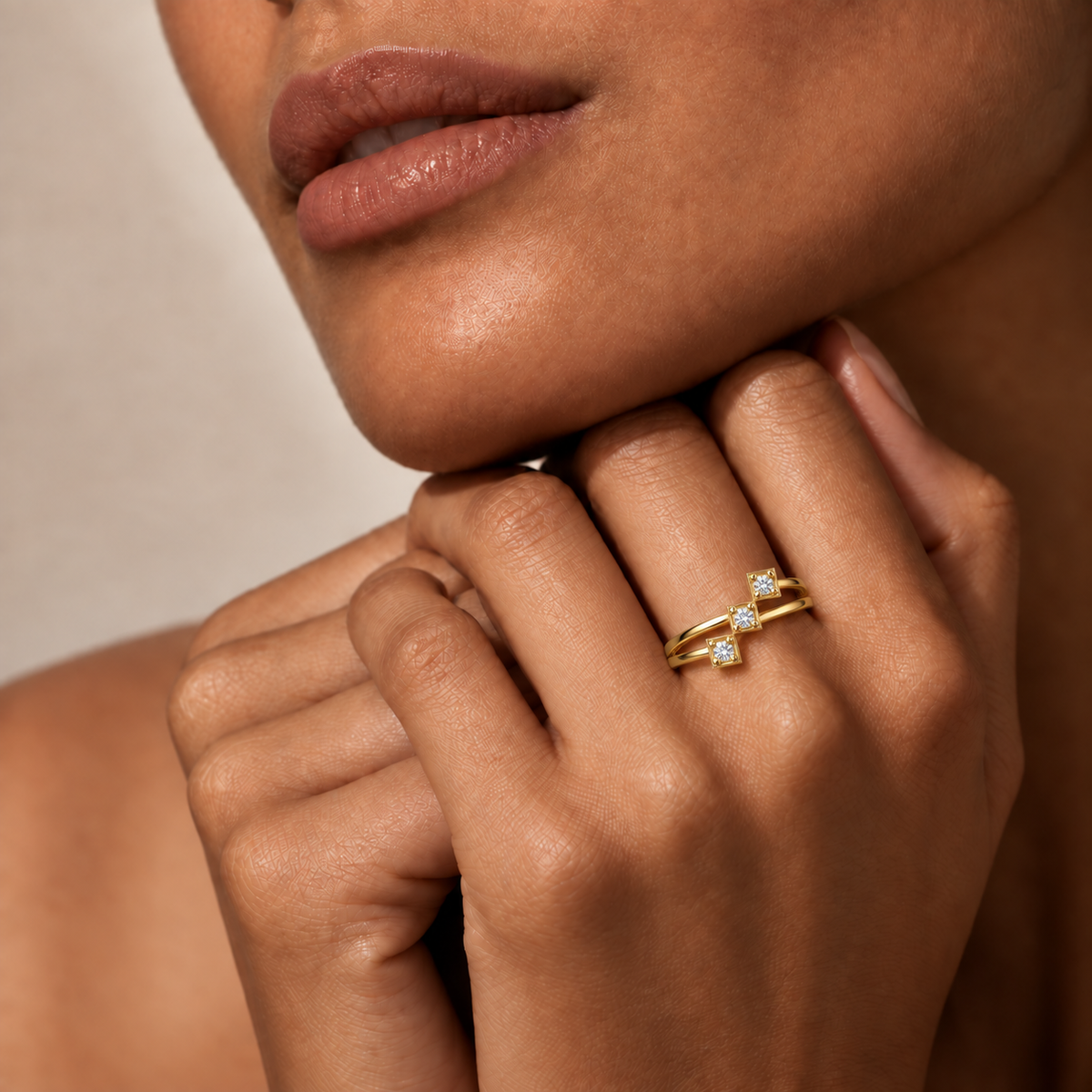 Three-Stone Stepped Diamond Ring - worn view 1