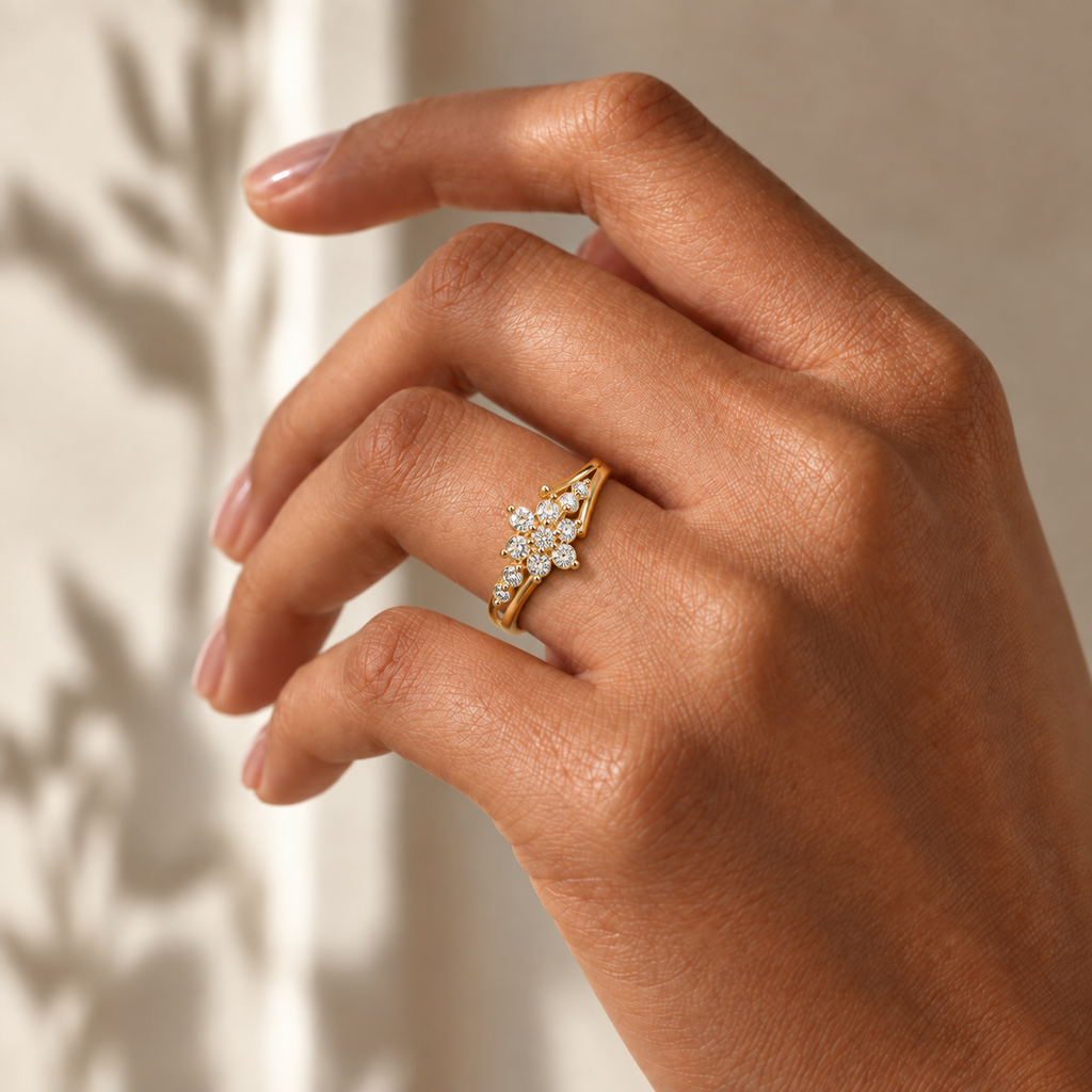 Floral Arc Diamond Ring - worn view 2
