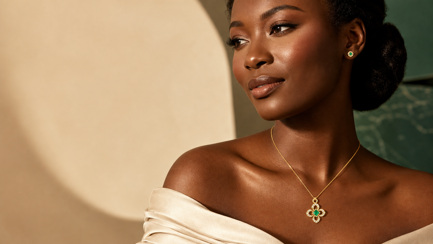 Nigerian model wearing the Verdant Clover Stone Pendant